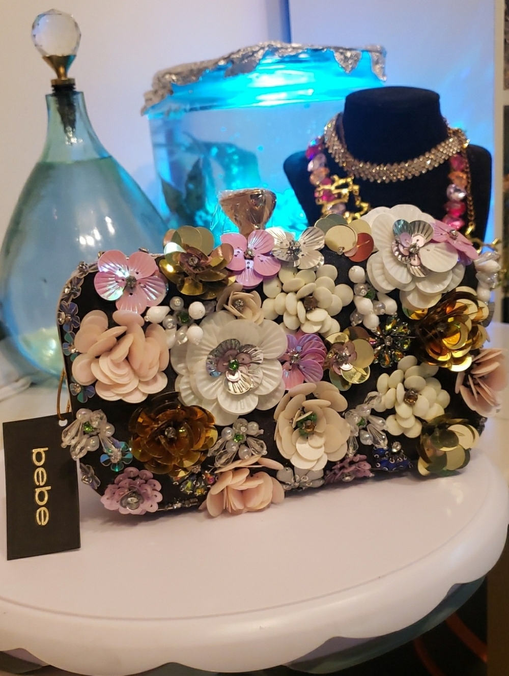 bebe Floral Appliqué Evening Clutch in Black with Pastel Accents